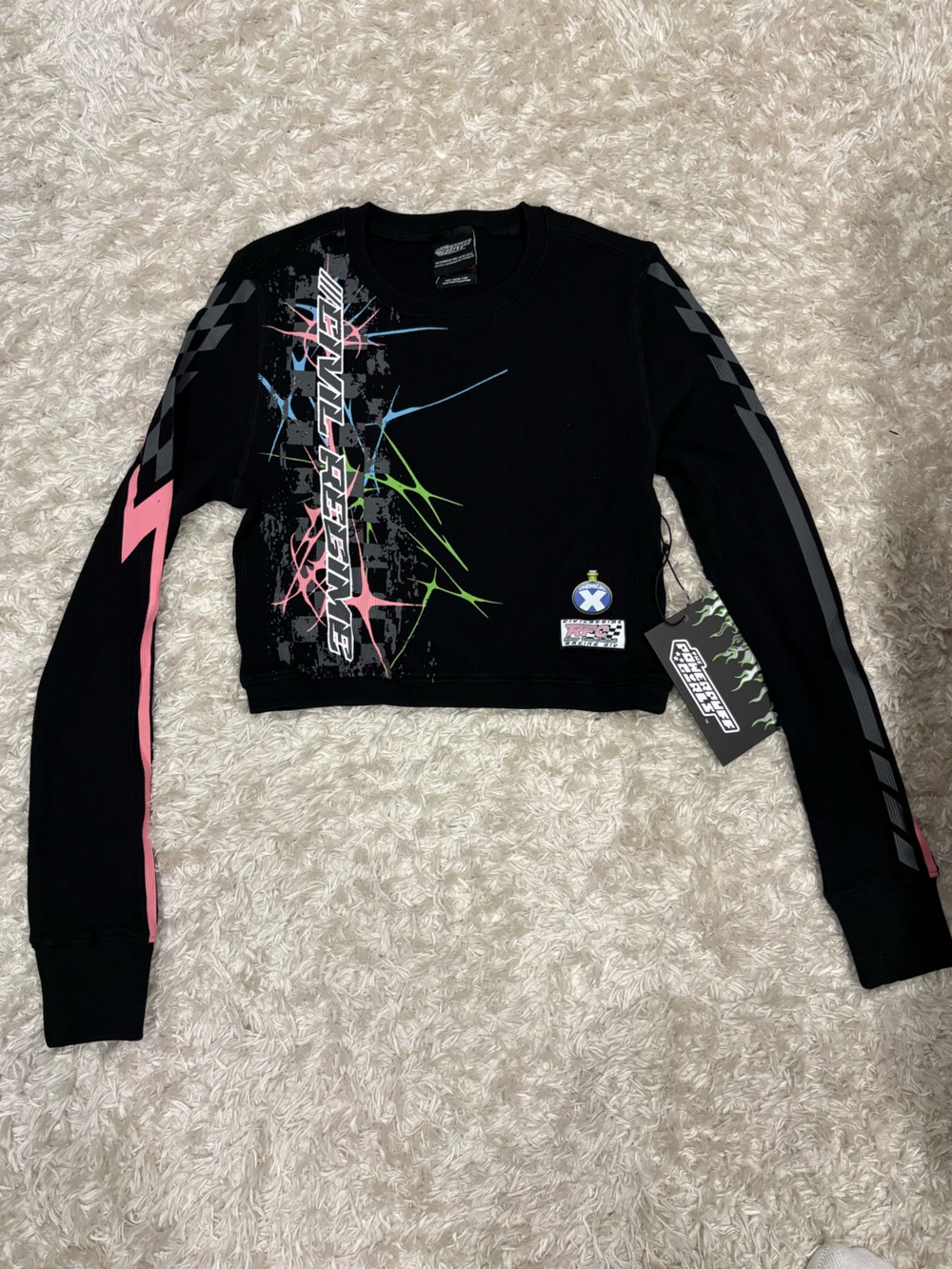 Civil Regime Powerpuff Girls Black Graphic Cropped Long-Sleeve Tee Pink Waffle